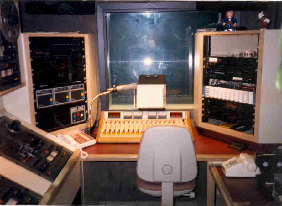 KKHI Production Room with Arrakis Audio Console, ITC Delta Cart Machines and Otari MX5050 Tape Machines